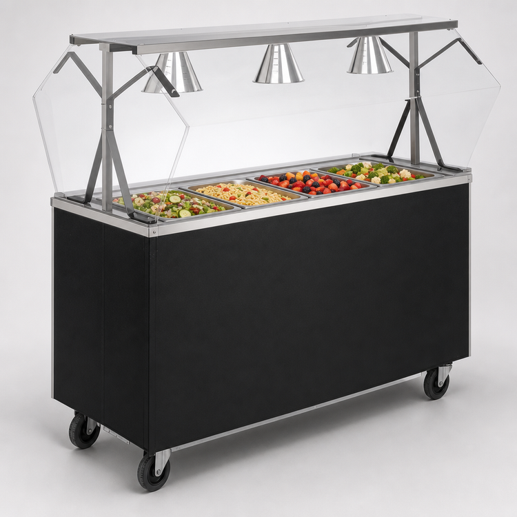 Product image #3 for 2-Series Affordable Portable 60-Inch Mobile 4-Pan Non-Refrigerated Cold Food Station with Buffet Breath Guard, Lights, and Granite Sliding-Door Base