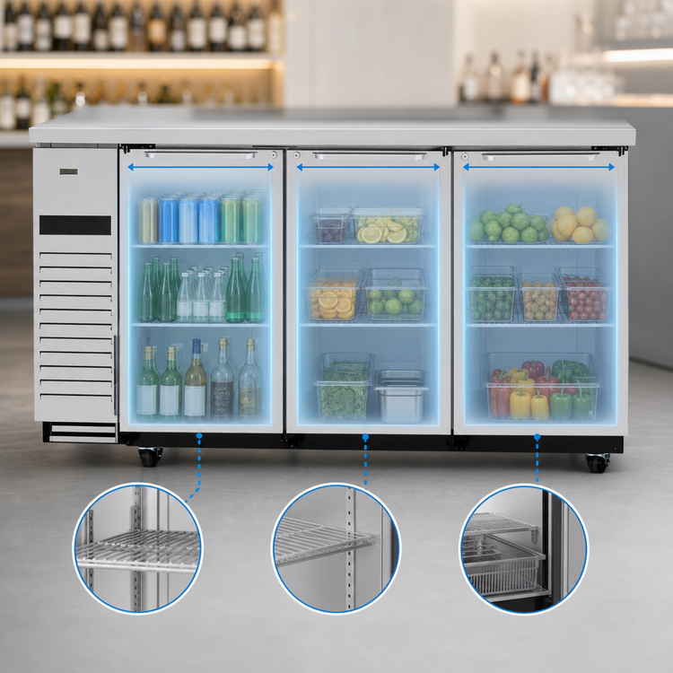 Product image #3 for Turbo Air TBB-24-72SSD-N6 Super Deluxe Narrow 3-Section Back Bar Cooler, 3 Solid Doors, Self-Contained Side-Mount