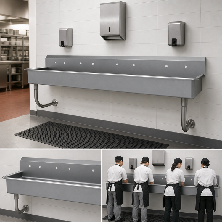 Product image #3 for Advance Tabco ADA Wall-Mounted Multiwash Hand Sink with 8-1/2-Inch Backsplash and 4 Faucet Hole Sets, 80-Inch Wide