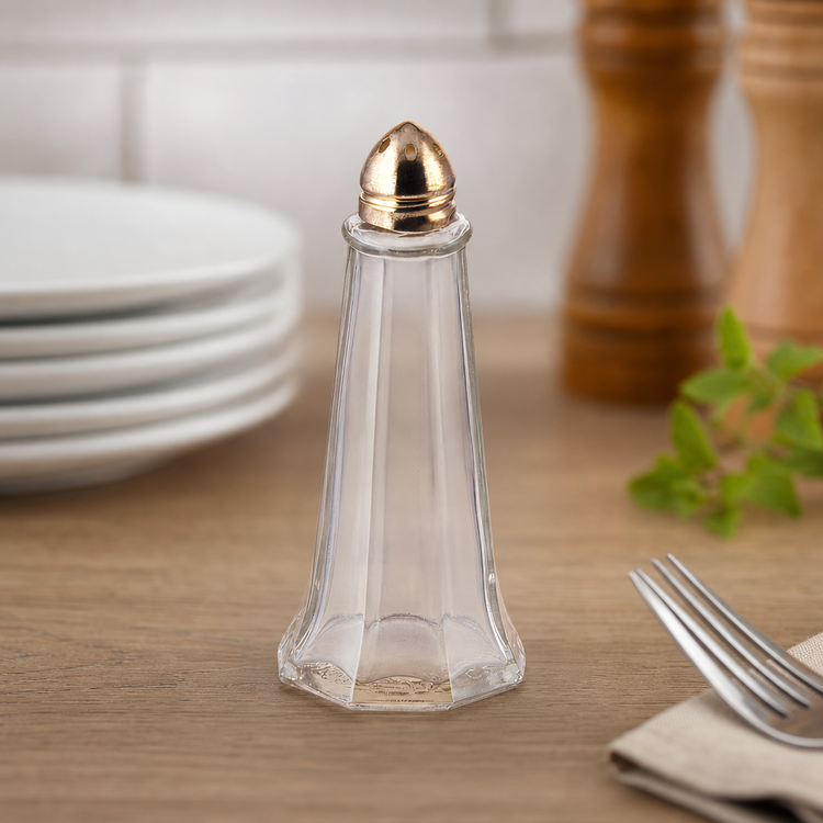Product image #3 for Winco 1 oz Glass Tower Salt and Pepper Shaker with Brass Top