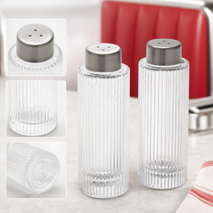 Product image #3 for Vintage Ribbed Round Salt & Pepper Shaker Set, 2 oz., Stainless Steel and Glass
