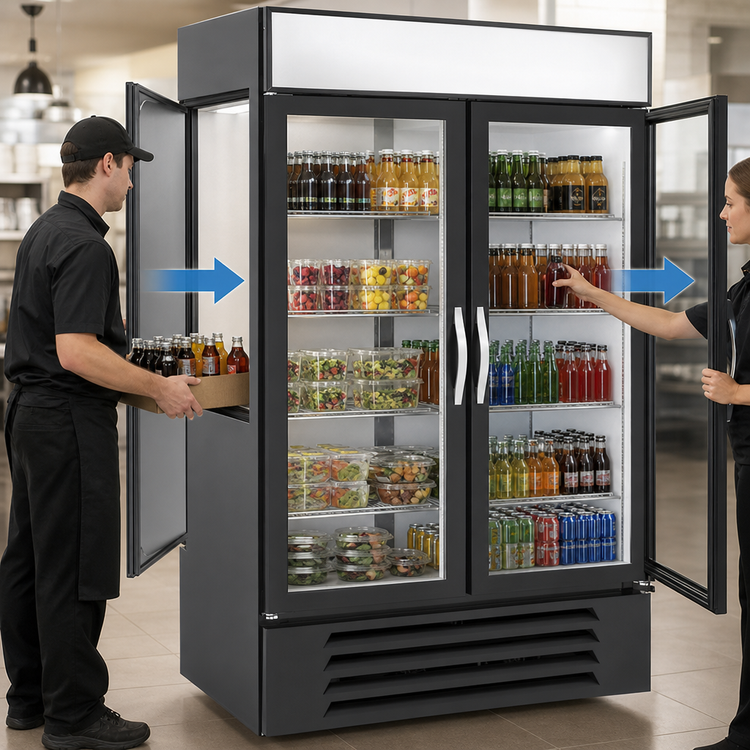 Product image #3 for Beverage-Air MarketMax Two-Section Pass-Thru Reach-In Refrigerated Merchandiser with Double-Pane Glass Front Doors and Solid Rear Doors, 48.05 Cu. Ft.