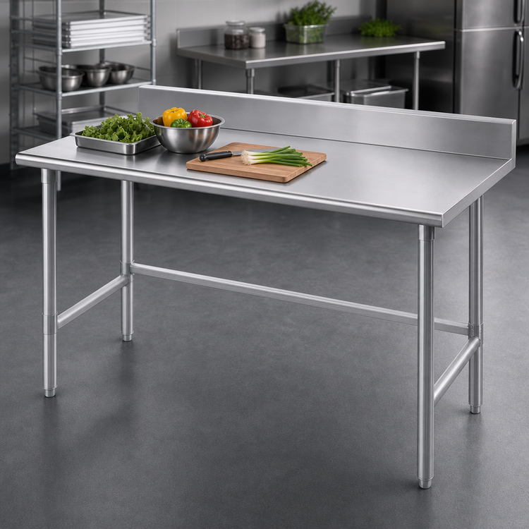 Product image #3 for Advance Tabco 120-Inch x 30-Inch 16-Gauge 430 Stainless Steel Work Table with 5-Inch Backsplash and Galvanized Open Base