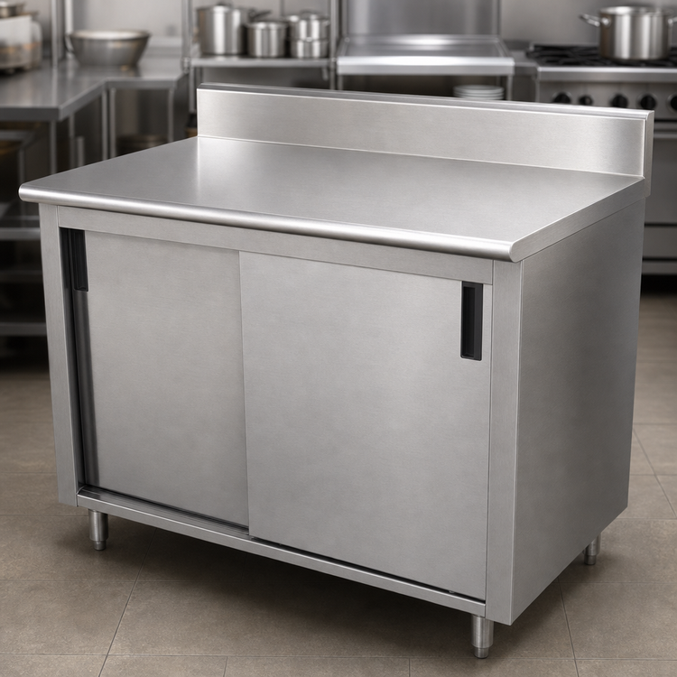 Product image #3 for Advance Tabco Special Value Economy Enclosed Work Table with Cabinet Base and Sliding Doors, 60W x 30D, 16-Gauge 304 Stainless Steel Top, 5-Inch Backsplash