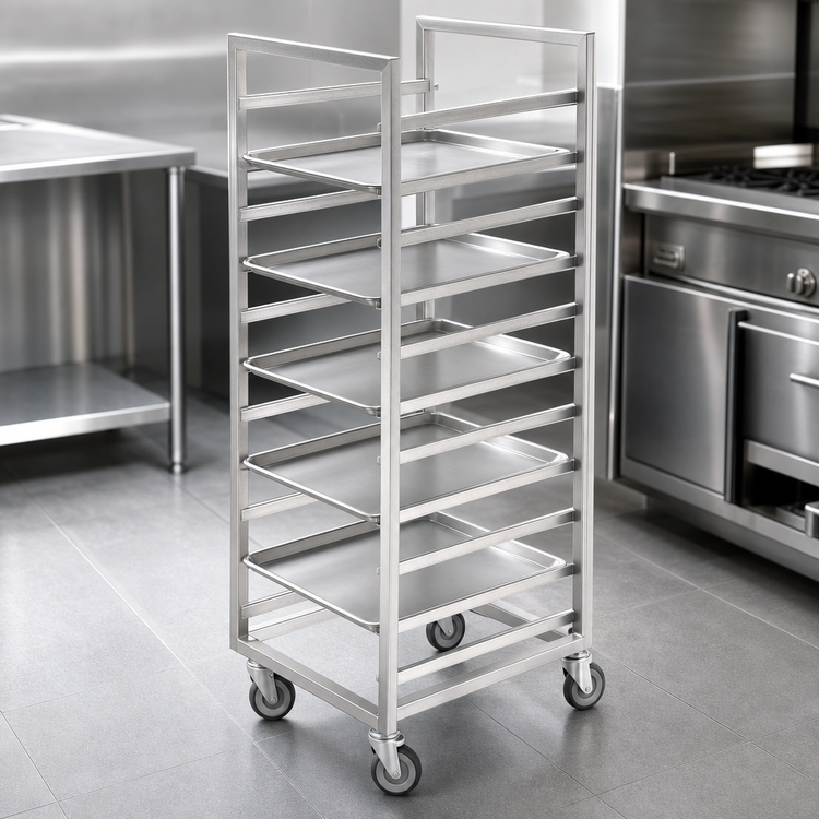 Product image #3 for Single-Section Stainless Steel Cafeteria Tray Rack for 14" x 18" Trays, End Load, 18-Tray Capacity, 64-Inch Height, 5-Inch Swivel Stem Casters