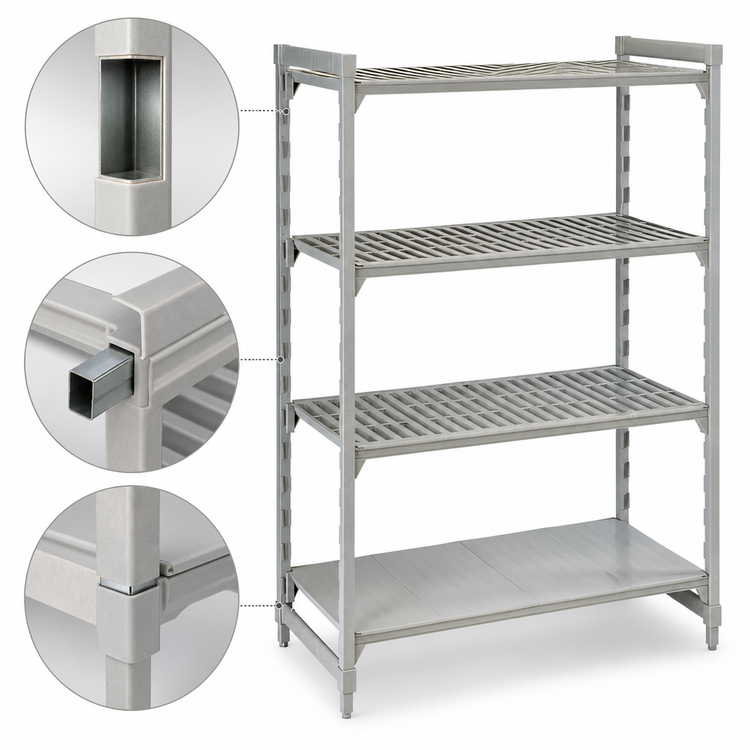 Product image #4 for Cambro Camshelving Premium Stationary Starter Unit, 18 x 42 x 72 Inches, 4-Tier 3 Vented + 1 Solid Polymer Shelving, Speckled Gray