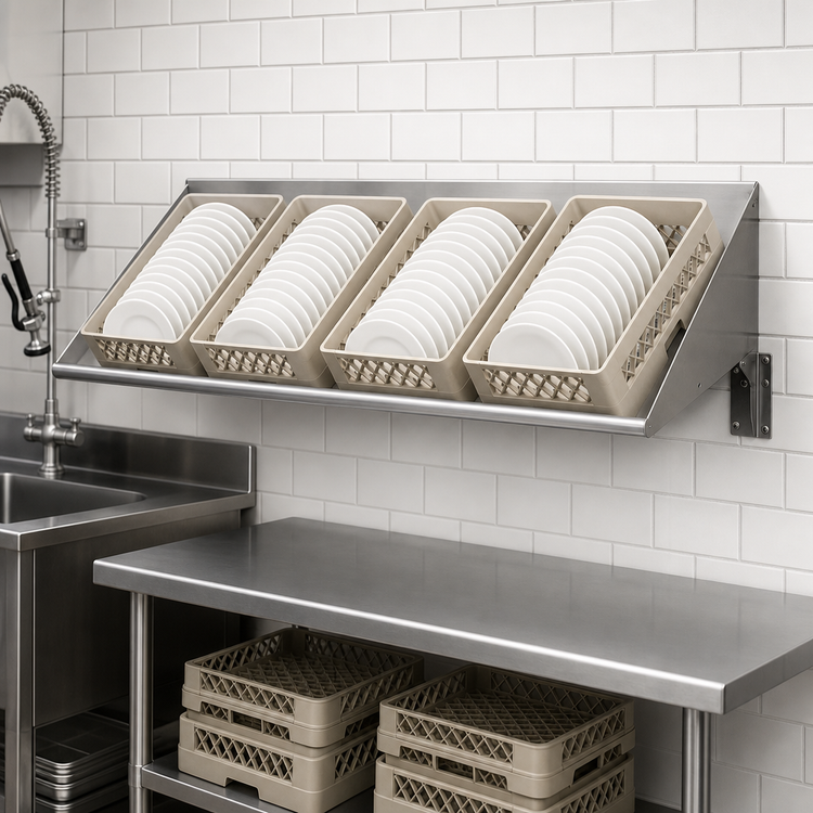 Product image #3 for Advance Tabco Wall-Mounted Stainless Steel Dish Rack Sorting Shelf, 82 Inch, Holds 4 Full-Size Racks