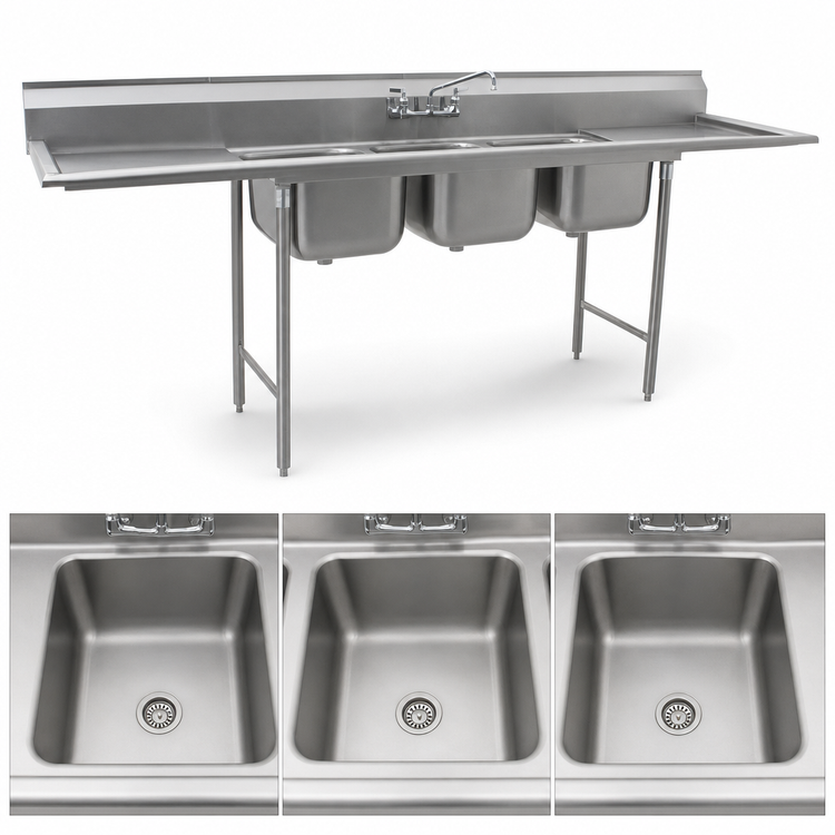 Product image #3 for Eagle Group 412 Series Three-Compartment Sink with Left and Right Drainboards, 102-Inch Wide, 430 Stainless Steel