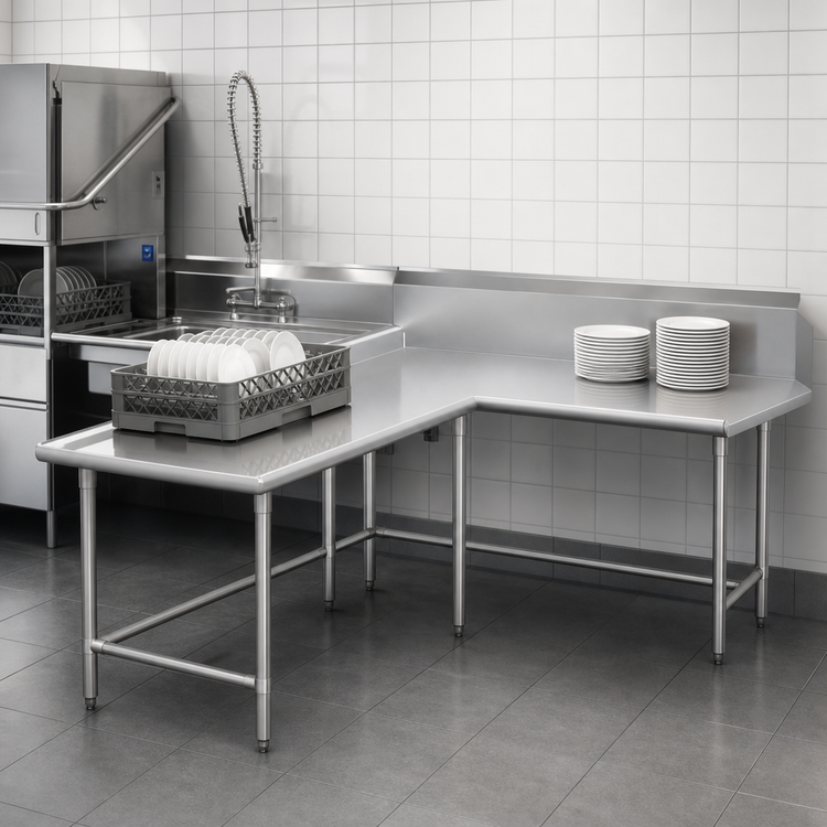 Product image #3 for John Boos Pro-Bowl L-Shaped Island Clean Dishtable, 60" Machine-to-Corner x 120" Corner-to-End, 44" H, Right-to-Left Operation