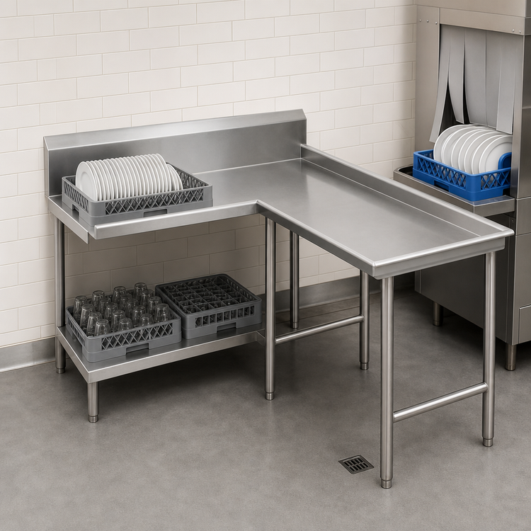 Product image #3 for Advance Tabco Island-Style L-Shaped Clean Dishtable, Right-Side Dish Machine Attachment, 95-Inch Length, 16-Gauge 304 Stainless Steel Top