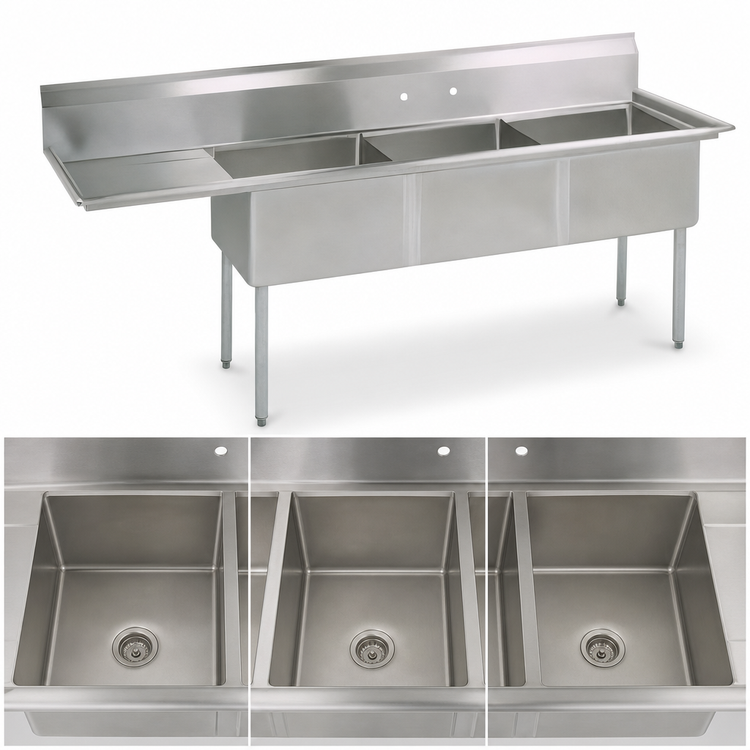 Product image #3 for BK Resources 3 Compartment Stainless Steel Sink with Left Drainboard, 16 x 20 x 12 Inch Bowls