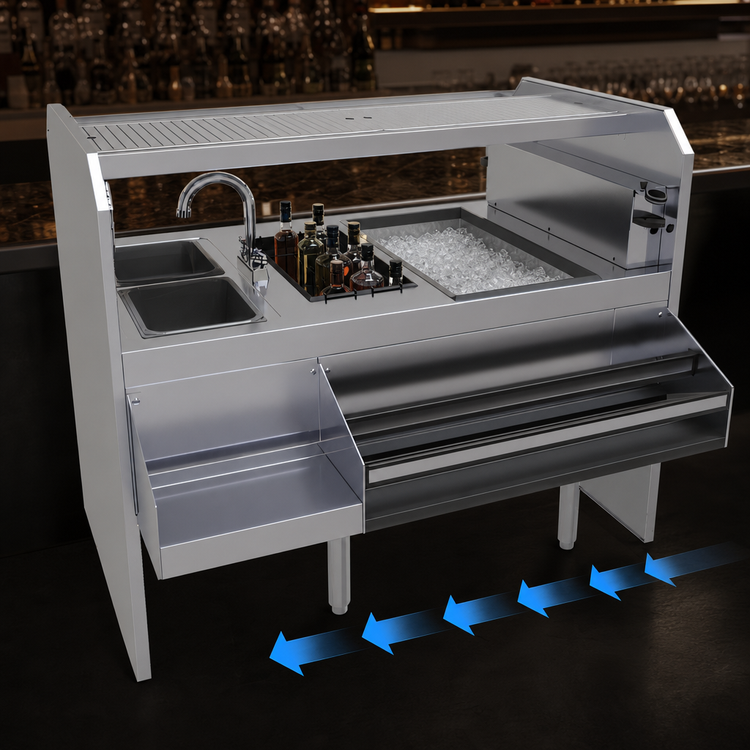 Product image #3 for Glastender PSA-54L 54-Inch Leftward Pass-Thru Cocktail Station with Ice Bin, 8-Bottle Insulated Storage Well and Dual Wet Waste Sinks