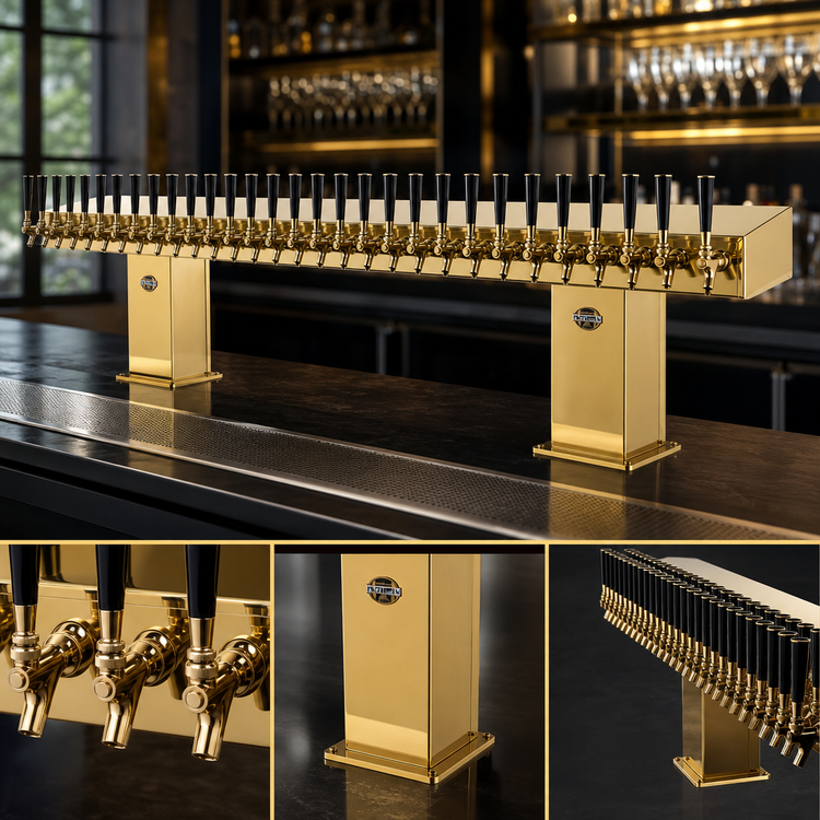 Product image #3 for Perlick Bridge Tee Draft Beer Tower, Countertop, Extra High, 30 Faucets, Tarnish-Free Brass, Glycol-Cooled