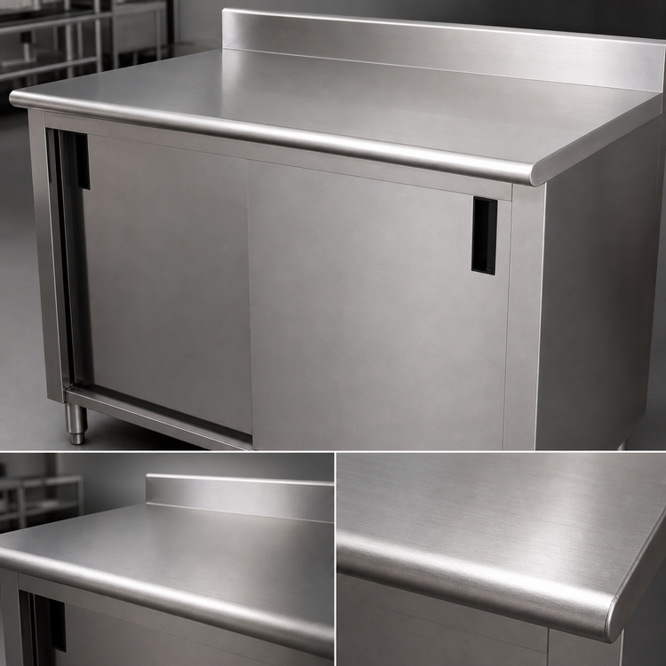 Product image #3 for Advance Tabco 60" x 36" Enclosed Work Table with Sliding Door Cabinet Base, 14-Gauge 304 Stainless Steel Top and 5-Inch Backsplash