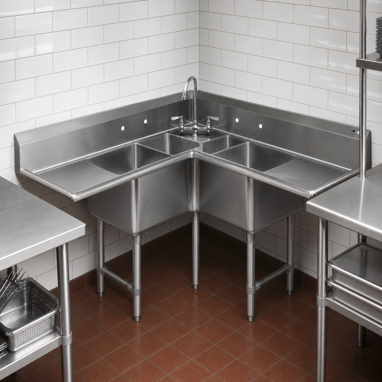 Product image #3 for John Boos Pro-Bowl 3-Compartment Stainless Steel Corner Sink with Dual 30-Inch Drainboards