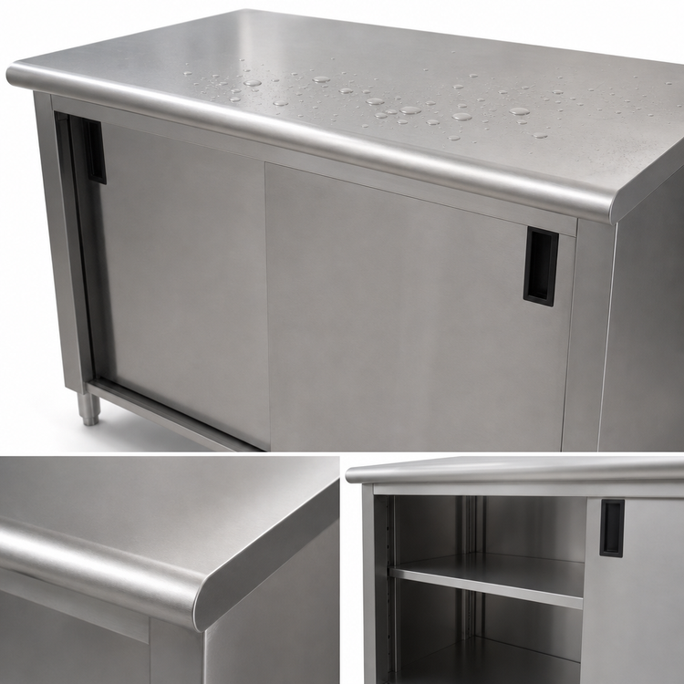Product image #3 for Advance Tabco 96-Inch x 36-Inch 14 Gauge 304 Stainless Steel Cabinet Base Enclosed Work Table with Sliding Doors and Mid-Shelf