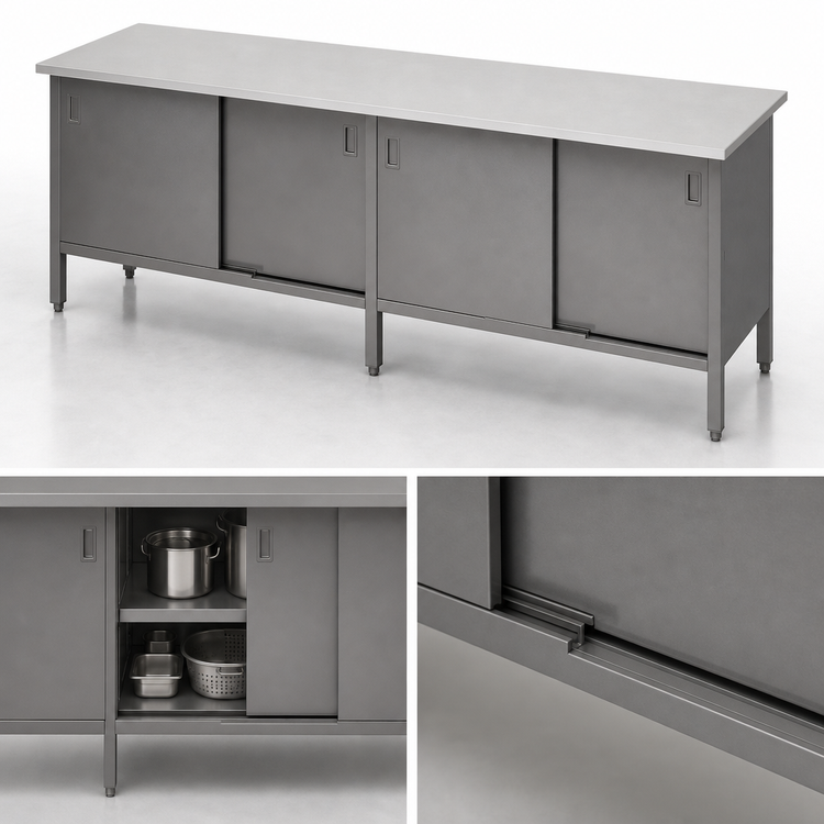 Product image #3 for John Boos Enclosed Cabinet Base Stainless Steel Work Table with Sliding Doors, 96 x 30 Inches, Flat Top