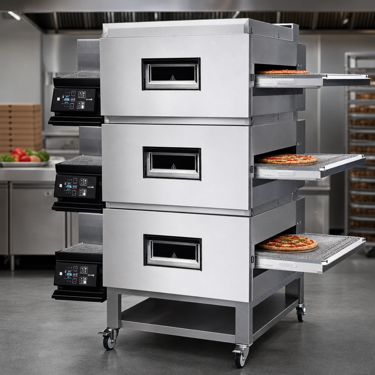 Product image #3 for Moretti Forni TT98E3S Triple Deck Electric Conveyor Pizza Oven, 32-Inch Belt, Stand Included