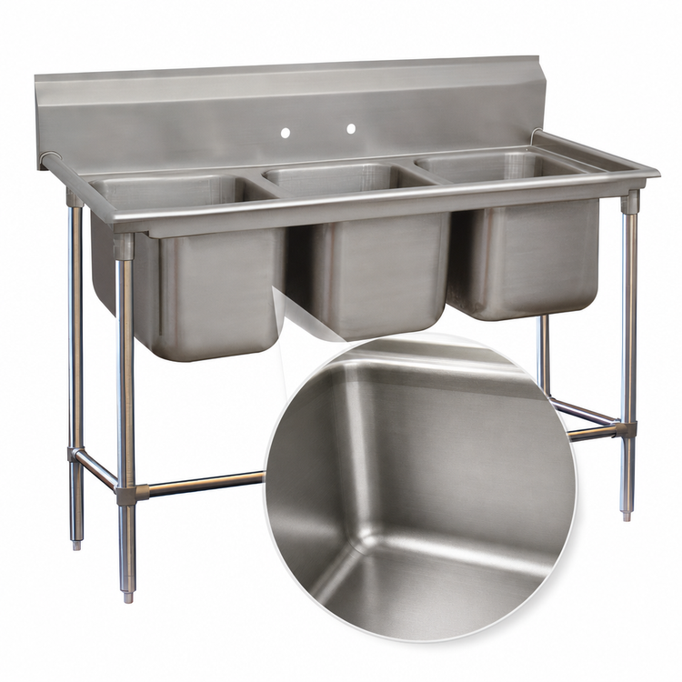 Product image #3 for Advance Tabco Regaline 3-Compartment Deep Drawn Commercial Sink with 16 x 20 Bowls, No Drainboards, 14 Gauge 304 Stainless Steel