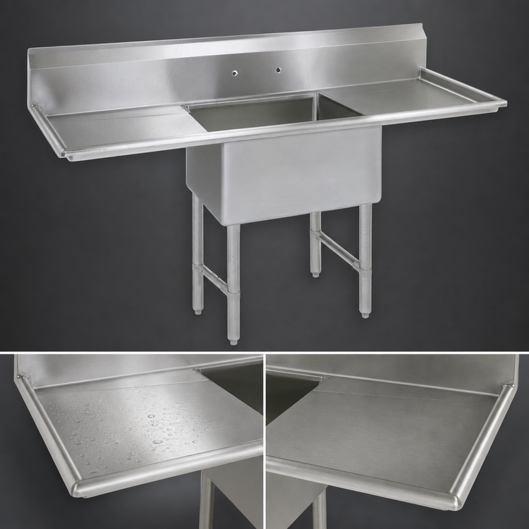 Product image #3 for BK Resources One Compartment Double Drainboard Stainless Steel Compartment Sink with 18" x 18" x 14" Bowl