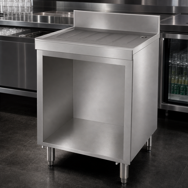 Product image #3 for Advance Tabco Underbar Basics Freestanding Stainless Steel Drainboard with Open Cabinet Base, 48W x 21D x 33H, 4-Inch Backsplash