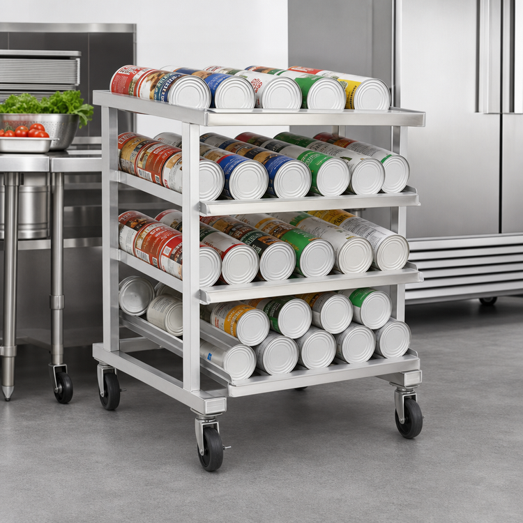 Product image #3 for New Age 1236NT Mobile Counter-Height Aluminum Can Storage Rack, No Top, 54 #10 or 72 #5 Can Capacity