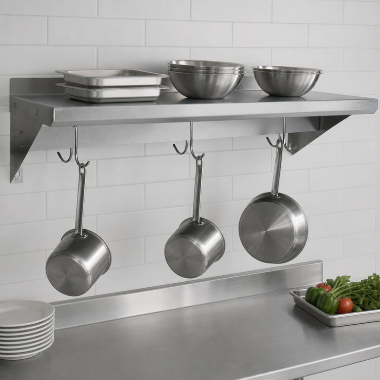 Product image #3 for BK Resources Economy Wall-Mount Stainless Steel Pot Rack Overshelf, 84 x 12 Inches