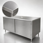 Thumbnail image #3 for BK Resources CST-3684H 84 x 36 Inch Stainless Steel Chef Table with Cabinet Base, Hinged Doors, Flat Top, 14-Gauge 304 Stainless Steel Top
