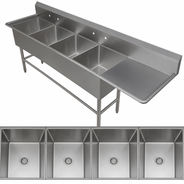 Product image #3 for John Boos Pro-Bowl Commercial 4-Compartment Sink with 30-Inch Right Drainboard, 14 Gauge Stainless Steel