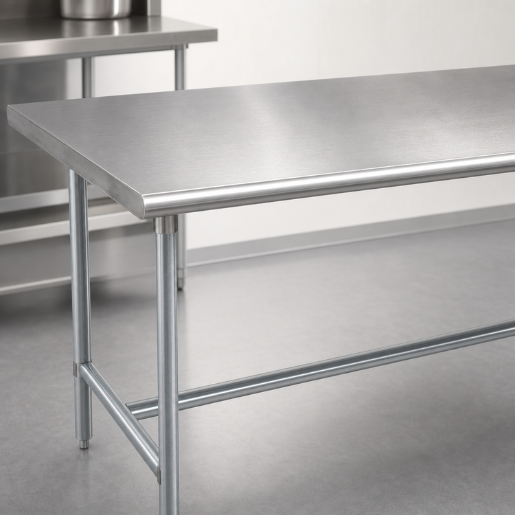 Product image #3 for Advance Tabco 108" x 24" Flat Top Open Base Work Table with 14-Gauge 304 Stainless Steel Top and Galvanized Legs