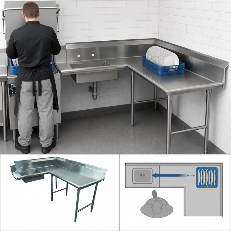 Product image #3 for Advance Tabco Korner Soil L-Shaped Right-Hand Dish Table with Pre-Rinse Sink, 71 Inch, 304 Stainless Steel