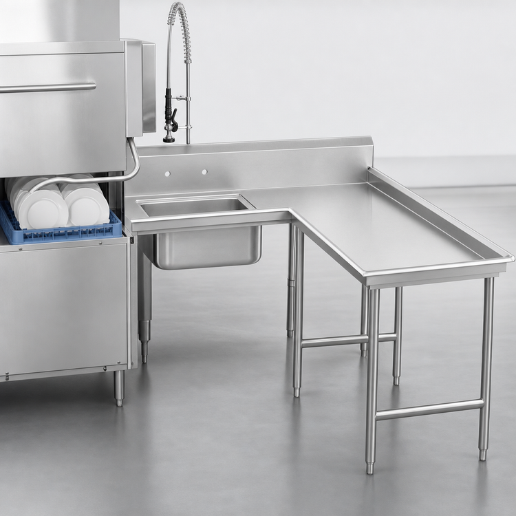 Product image #3 for Advance Tabco Island Soil L-Shaped Right-Hand Dish Table with Pre-Rinse Sink, 143 Inches, 14 Gauge 304 Stainless Steel