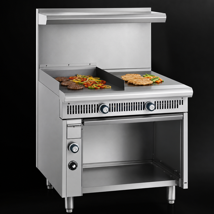 Product image #3 for Imperial Spec Series 36-Inch Heavy Duty Gas Range with 18-Inch Griddle, 18-Inch Hot Top, and Open Cabinet Base