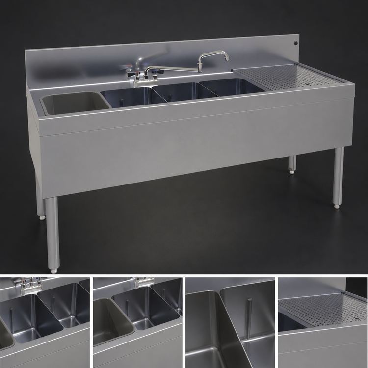 Product image #3 for Glastender Four-Compartment Stainless Steel Underbar Sink Unit with Right Drainboard and Deck-Mount Faucet, 66-Inch x 24-Inch