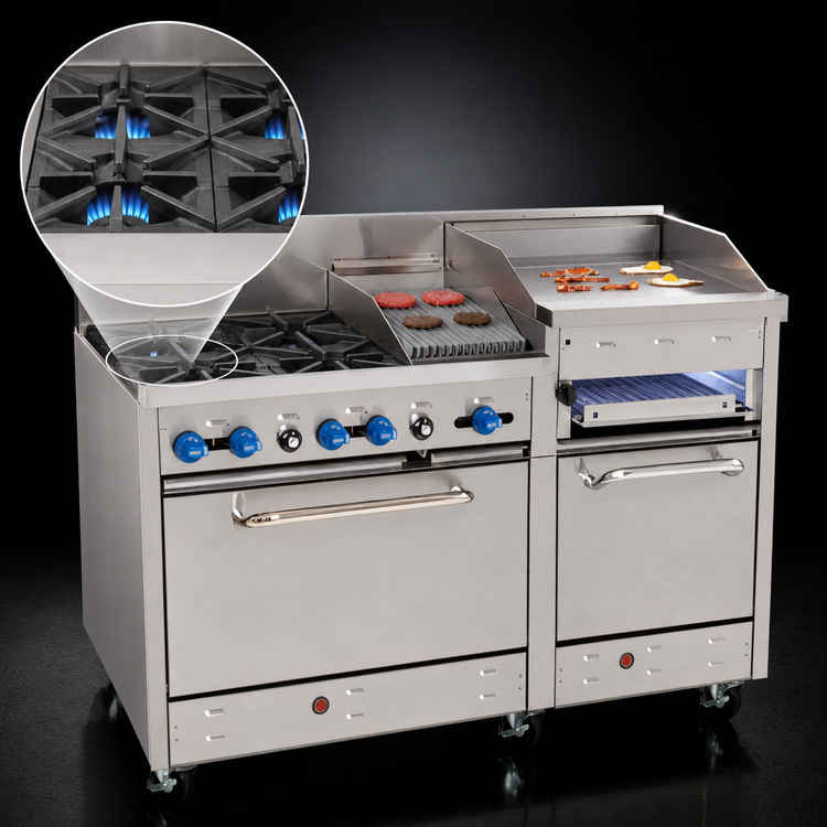 Product image #3 for Comstock-Castle Stainless Steel 60-Inch Commercial Gas Range with 2 Open Burners, 30-Inch Raised Griddle, 18-Inch Char-Broiler, and 2 Standard Ovens