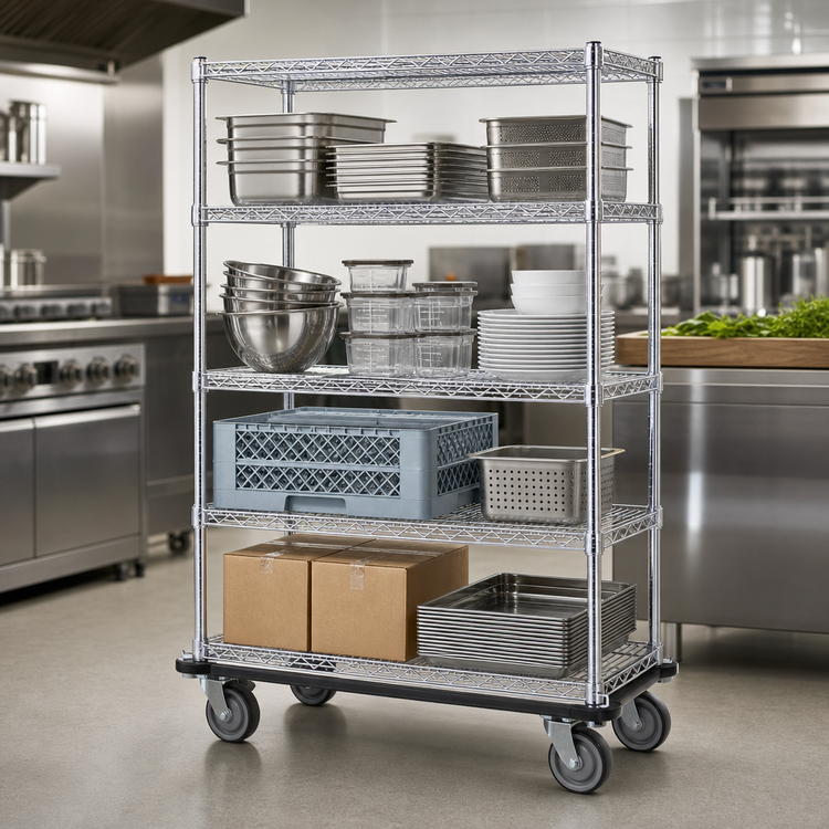 Product image #3 for Metro Super Erecta Chrome Wire Shelving Dolly Truck, 60 x 24 Inches, 4-Shelf