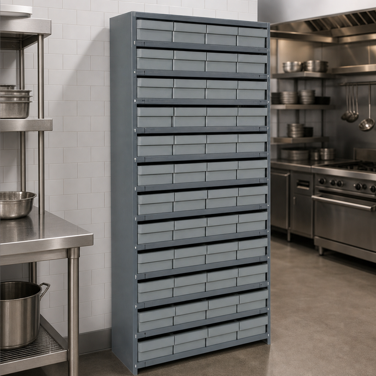 Product image #3 for Quantum Closed Heavy-Duty Stationary Wire Shelving Unit with 13 Shelves and 48 Bins, 12 x 36 x 75 Inches