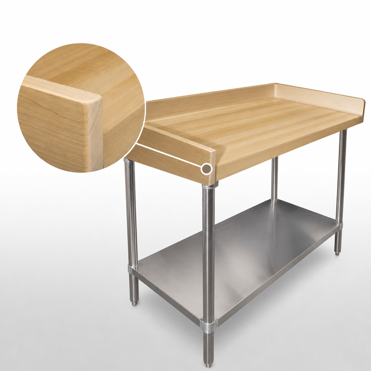 Product image #3 for Advance Tabco 84 x 30-Inch Bakers' Table with 1-3/4-Inch Wood Top, Stainless Steel Base, and 4-Inch Rear and Side Splash