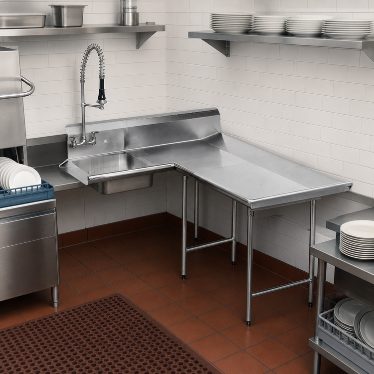 Product image #3 for Advance Tabco L-Shaped Right-Hand Dishlanding Soil Dishtable with Landing and Pre-Rinse Sink, 143-Inch, 14-Gauge 304 Stainless Steel