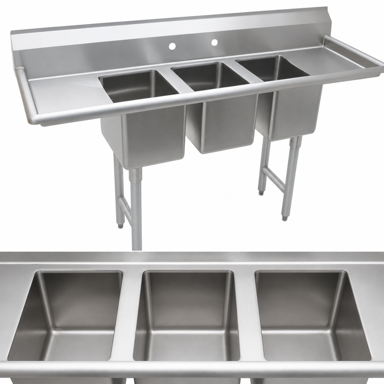 Product image #3 for Advance Tabco K7-CS-22 3-Compartment Convenience Store Sink with Left and Right Drainboards, Open Frame Base