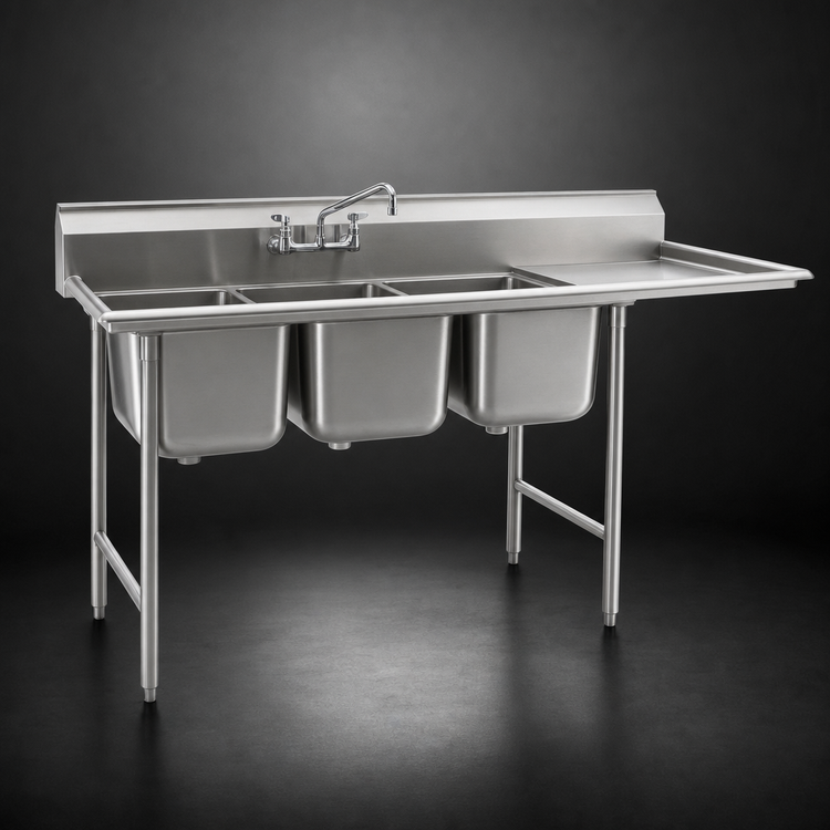 Product image #3 for Eagle Group 414 Series Three-Compartment Sink with Right-Hand 18-Inch Drainboard, 24" x 24" Bowls
