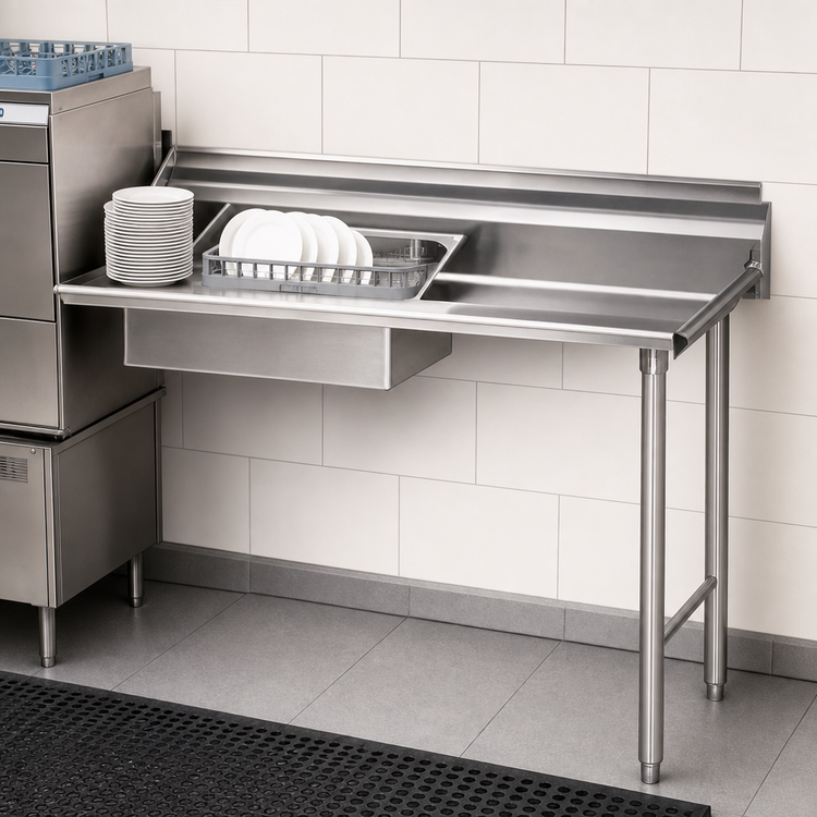 Product image #3 for Straight Soiled Dishtable with 20 x 20 x 5 Pre-Rinse Sink, 96 x 30 Inches, Right-to-Left, 16-Gauge 430 Stainless Steel Top