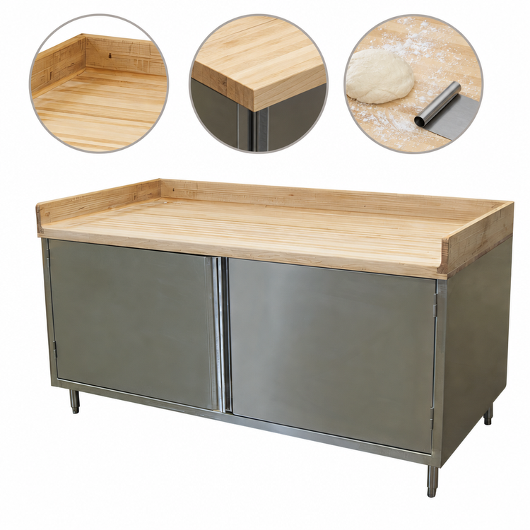 Product image #3 for BK Resources 72-Inch x 30-Inch Hard Maple Top Chef Table with Cabinet Base and Hinged Doors