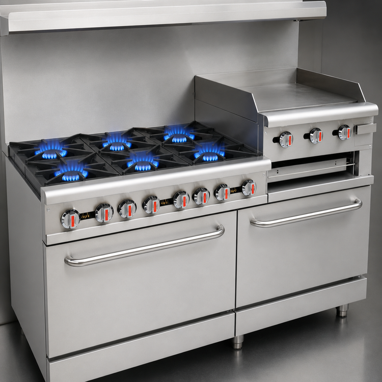 Product image #3 for Serv-Ware 60 Inch Natural Gas Range with 6 Open Burners, 24 Inch Raised Griddle/Broiler, and 2 Ovens