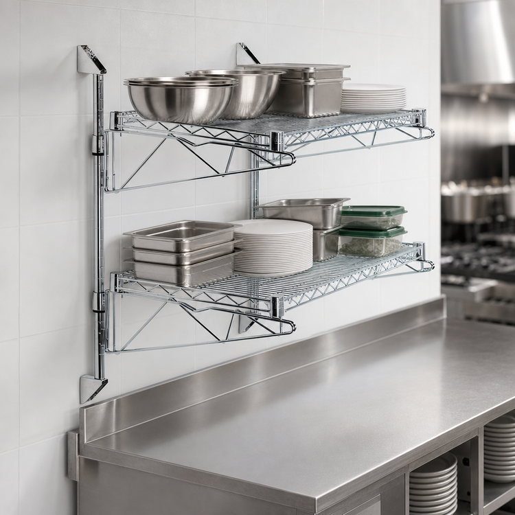 Product image #3 for Quantum Wall-Mounted Cantilever Double Shelf Wire Shelving Unit, 30 x 12 Inches, Chrome-Plated