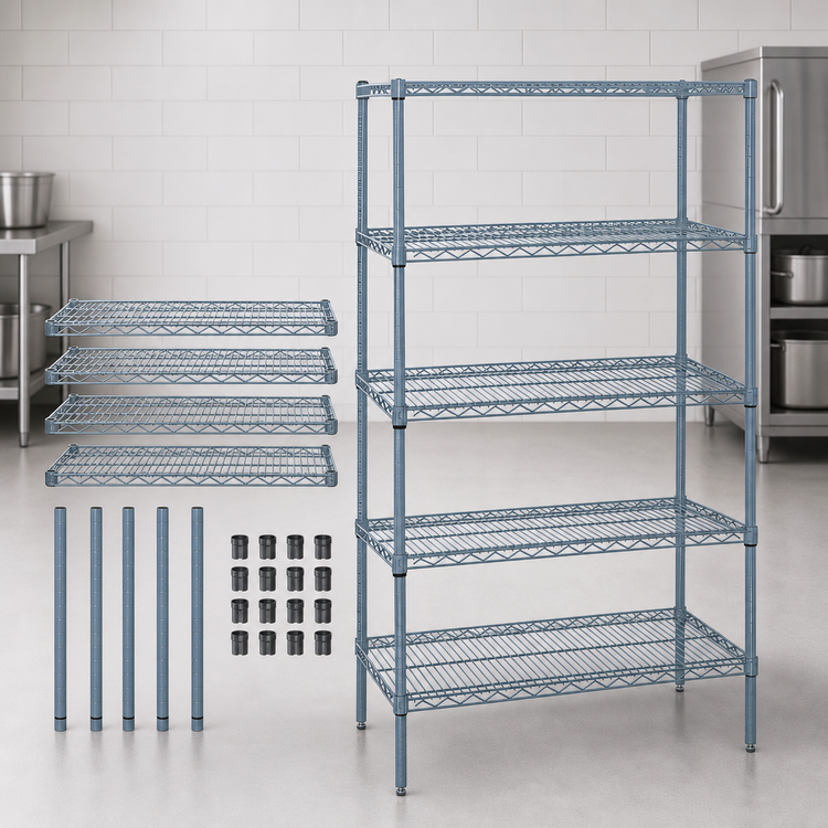 Product image #3 for Quantum 60"W x 21"D x 74"H Wire Shelving Starter Kit with 5 Shelves, Gray Epoxy Antimicrobial Finish