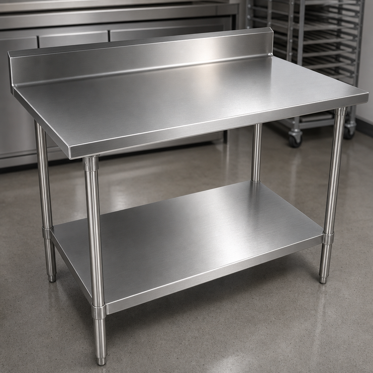 Product image #3 for BK Resources CVTR5-7230 72 Inch x 30 Inch 16-Gauge Stainless Steel Riser Work Table with 5 Inch Backsplash and Undershelf