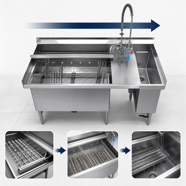 Product image #3 for Power Soak 69-1/2-Inch Wide Left-to-Right Skewer Soak Dishtable, Heated 42-Inch Wash Tank, 208V/3-Phase
