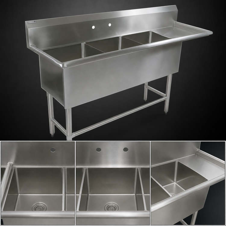 Product image #3 for John Boos Pro-Bowl 3-Compartment Sink with Right Drainboard, 18 x 18 x 12 Bowls, 14-Gauge Stainless Steel