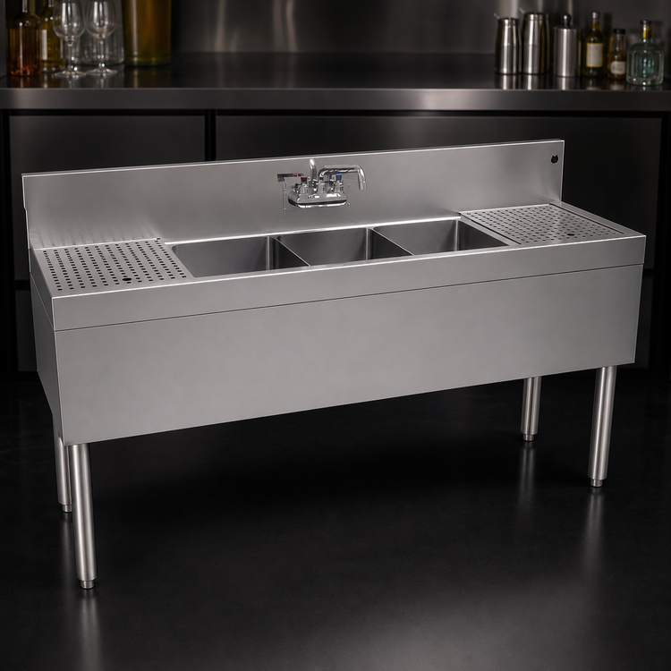 Product image #3 for Glastender Three-Compartment Underbar Sink Unit with Dual Drainboards, 60 Inch W x 19 Inch D